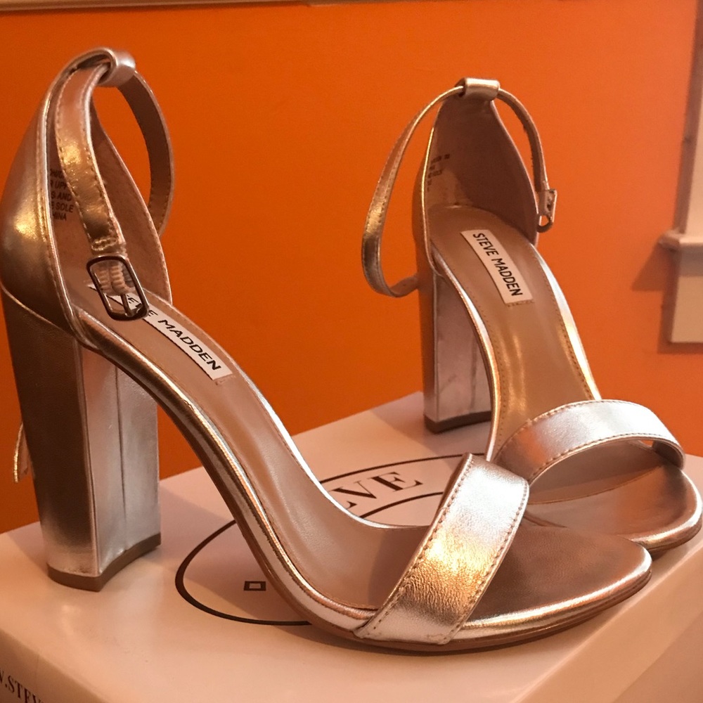 Silver, block 4 inch heel, strappy sandals